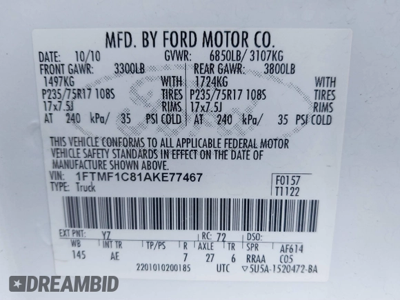 2010 Ford F-150 XL with VIN 1FTMF1C81AKE77467, listed as a IAAI auction lot 41396137 with 115,515 mi miles. Bid and sale history available at carsss.com. Image 9.