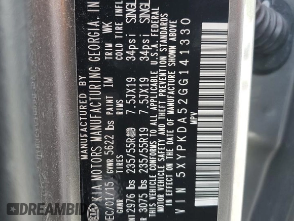 2016 Kia Sorento SX z VIN 5XYPKDA52GG141330, wystawiony jako Copart lot #55448425 z przebiegiem 78 330 mil mil oraz Szkoda całkowita • Salvage title. Historia ofert i sprzedaży dostępna na DreamBid. Obrazek 13.