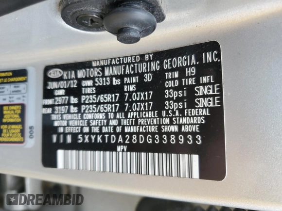 2013 Kia Sorento LX with VIN 5XYKTDA28DG338933, listed as a Copart auction lot 43391775 with 154,349 mi miles and Clean Title. Bid and sale history available at carsss.com. Image 13.