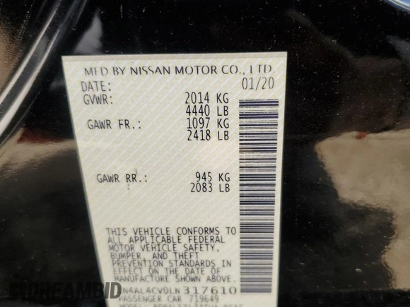 2020 Nissan Altima SR with VIN 1N4AL4CV0LN317610, listed as a Copart auction lot 83557384 with 64,406 mi miles and Salvage Title. Bid and sale history available at carsss.com. Image 12.