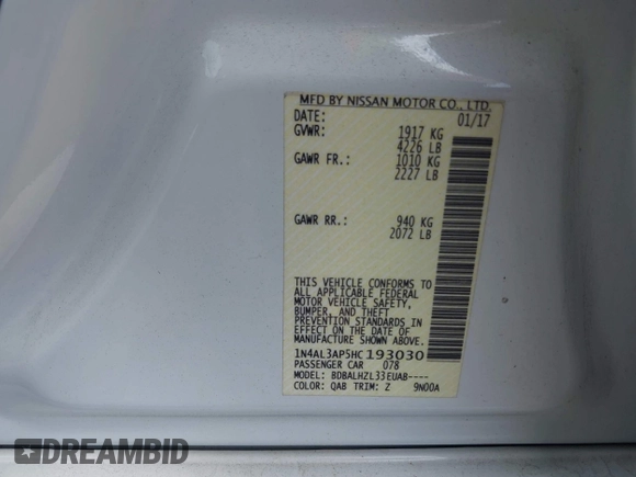 2017 Nissan Altima SR z VIN 1N4AL3AP5HC193030, wystawiony jako IAAI lot #42230730 z przebiegiem 93 001 mil mil oraz . Historia ofert i sprzedaży dostępna na DreamBid. Obrazek 9.