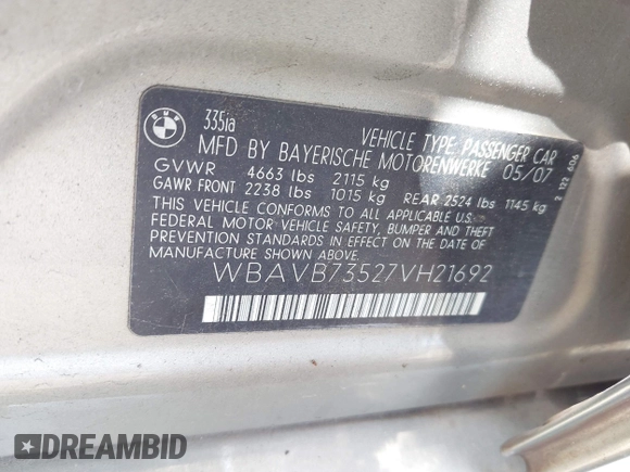2007 BMW 3 Series 335i with VIN WBAVB73527VH21692, listed as a IAAI auction lot 42499708 with 126,298 mi miles and . Bid and sale history available at DreamBid. Image 9.