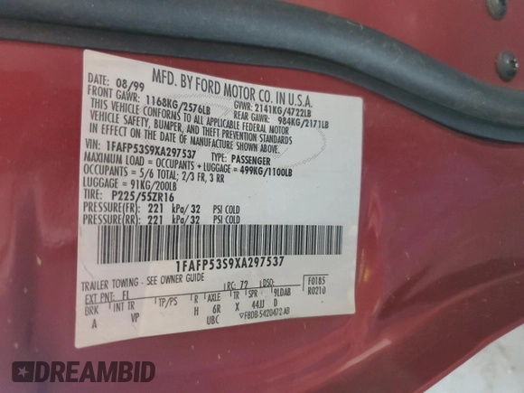 1999 Ford Taurus SE with VIN 1FAFP53S9XA297537, listed as a Copart auction lot 43862035 with 145,983 mi miles and Salvage title. Bid and sale history available at DreamBid. Image 12.