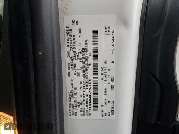 2020 Ford Transit Cargo with VIN 1FTBR2C85LKA39378, listed as a Copart auction lot 86357854 with 54,809 mi miles and Salvage Title. Bid and sale history available at carsss.com. Image 13.