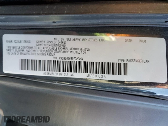 2009 Subaru Legacy Special with VIN 4S3BL616397222204, listed as a Copart auction lot 59924045 with 162,026 mi miles and Salvage title. Bid and sale history available at DreamBid. Image 12.