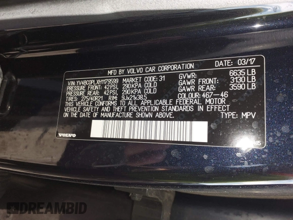 2017 Volvo XC90 Inscription with VIN YV4BC0PLXH1179599, listed as a IAAI auction lot 41676432 with 1 mi miles. Bid and sale history available at carsss.com. Image 9.