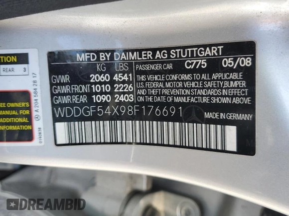 2008 Mercedes-Benz C 300 Sport with VIN WDDGF54X98F176691, listed as a Copart auction lot 65635075 with 128,567 mi miles and Salvage title. Bid and sale history available at DreamBid. Image 12.