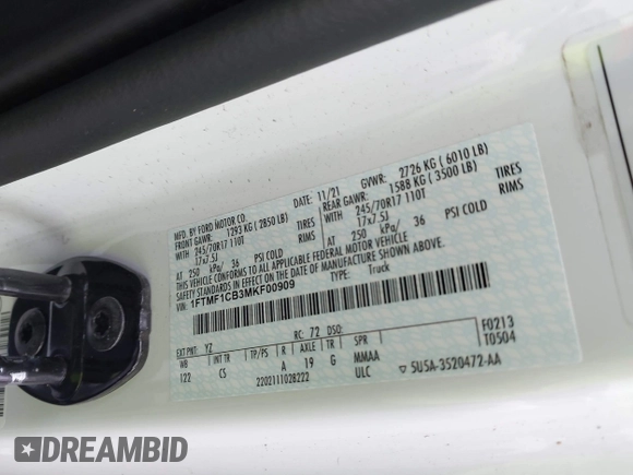 2021 Ford F-150 XL с VIN 1FTMF1CB3MKF00909, выставлен на аукционе IAAI как лот 41648893 с пробегом 63 970 миль миль и . История ставок и продаж доступна на DreamBid. Изображение 9.