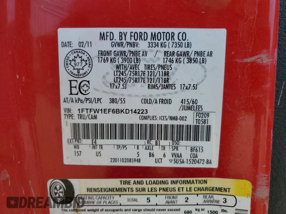 2011 Ford F-150 XL с VIN 1FTFW1EF6BKD14223, выставлен на аукционе Copart как лот 60082975 с пробегом 175 002 миль миль и Чистый • Clean title. История ставок и продаж доступна на DreamBid. Изображение 12.