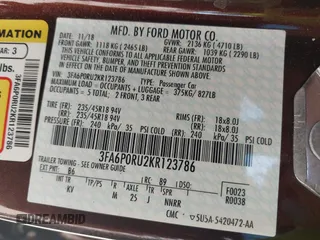 2019 Ford Fusion Hybrid Titanium with VIN 3FA6P0RU2KR123786, listed as a IAAI auction lot 41857026 with 49,604 mi miles. Bid and sale history available at carsss.com. Image 9.