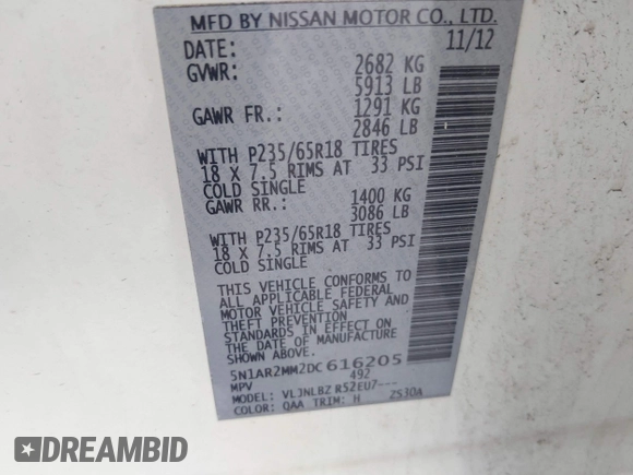 2013 Nissan Pathfinder SV with VIN 5N1AR2MM2DC616205, listed as a IAAI auction lot 42018693 with 132,148 mi miles. Bid and sale history available at carsss.com. Image 9.