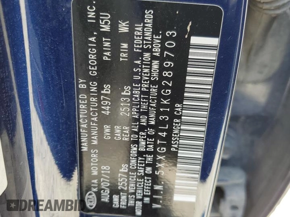 2019 Kia Optima LX z VIN 5XXGT4L31KG289703, wystawiony jako Copart lot #57663005 z przebiegiem 126 689 mil mil oraz Szkoda całkowita • Salvage title. Historia ofert i sprzedaży dostępna na DreamBid. Obrazek 12.