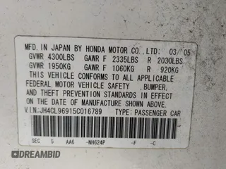 2005 Acura TSX with VIN JH4CL96915C016789, listed as a IAAI auction lot 42800422 with 158,765 mi miles and . Bid and sale history available at DreamBid. Image 9.