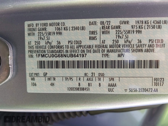2022 Ford Escape SE z VIN 1FMCU0G68NUB64197, wystawiony jako IAAI lot #42279268 z przebiegiem 10 579 mil mil oraz . Historia ofert i sprzedaży dostępna na DreamBid. Obrazek 9.