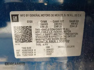 2020 Chevrolet Trax LT with VIN 3GNCJLSB2LL308702, listed as a IAAI auction lot 42081342 with 50,798 mi miles and . Bid and sale history available at DreamBid. Image 9.