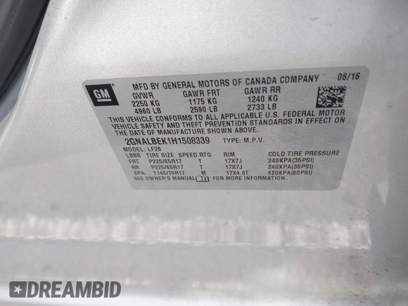 2017 Chevrolet Equinox LS with VIN 2GNALBEK1H1508339, listed as a IAAI auction lot 41965032 with 119,689 mi miles and . Bid and sale history available at DreamBid. Image 9.