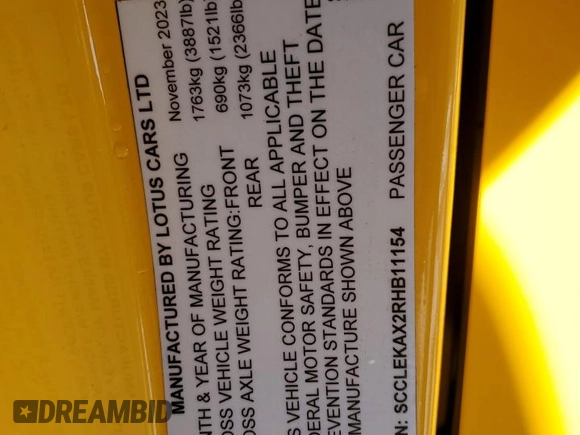 2024 Lotus Emira First Edition z VIN SCCLEKAX2RHB11154, wystawiony jako Copart lot #86479894 z przebiegiem 4634 mil mil oraz Szkody całkowita. Historia ofert i sprzedaży dostępna na DreamBid. Obrazek 12.