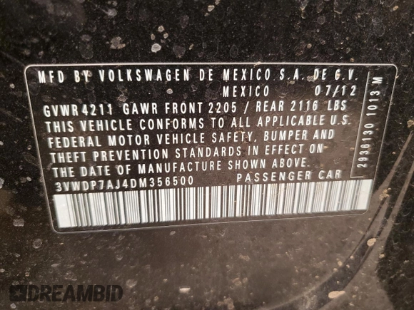 2013 Volkswagen Jetta SE with VIN 3VWDP7AJ4DM356500, listed as a Copart auction lot 49460685 with 108,692 mi miles and Salvage title. Bid and sale history available at DreamBid. Image 12.
