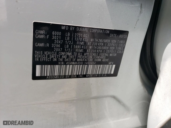 2020 Subaru Ascent Touring with VIN 4S4WMARD0L3468464, listed as a Copart auction lot 68912423 with 44,423 mi miles. Bid and sale history available at carsss.com. Image 12.