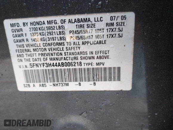 2010 Honda Pilot EX with VIN 5FNYF3H44AB006218, listed as a IAAI auction lot 41649588 with 209,830 mi miles and . Bid and sale history available at carsss.com. Image 9.