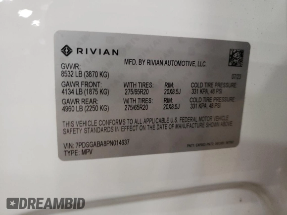 2023 Rivian R1S Adventure with VIN 7PDSGABA8PN014637, listed as a Copart auction lot 46277855 with 20,343 mi miles and Salvage Title. Bid and sale history available at DreamBid. Image 13.