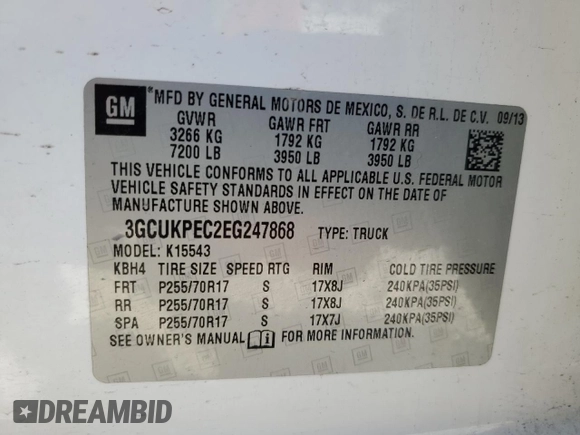 2014 Chevrolet Silverado 1500 Work Truck with VIN 3GCUKPEC2EG247868, listed as a Copart auction lot 45210595 with 136,836 mi miles and Salvage Title. Bid and sale history available at carsss.com. Image 13.