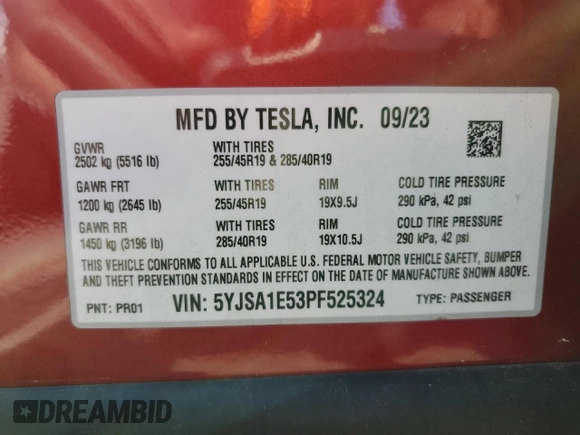 2023 Tesla Model S with VIN 5YJSA1E53PF525324, listed as a Copart auction lot 48079685 with Not provided miles and Salvage title. Bid and sale history available at DreamBid. Image 12.