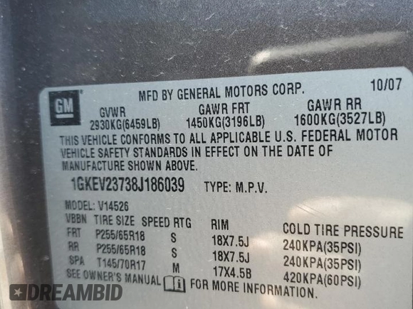 2008 GMC Acadia SLT1 with VIN 1GKEV23738J186039, listed as a Copart auction lot 50992395 with 208,118 mi miles and Salvage Title. Bid and sale history available at DreamBid. Image 15.