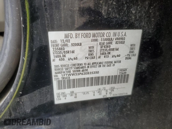2003 Ford F-350 XL with VIN 1FTWW33P63EB35350, listed as a Copart auction lot 44865495 with 169,124 mi miles and Salvage Title. Bid and sale history available at DreamBid. Image 13.