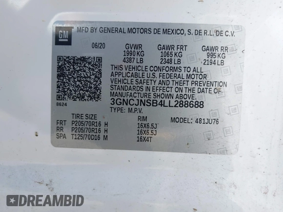 2020 Chevrolet Trax LS with VIN 3GNCJNSB4LL288688, listed as a IAAI auction lot 42634219 with 25,634 mi miles and . Bid and sale history available at DreamBid. Image 9.