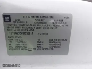 2008 GMC Savana Cargo Van with VIN 1GTGG25CX81235617, listed as a IAAI auction lot 41353274 with 209,888 mi miles. Bid and sale history available at carsss.com. Image 9.