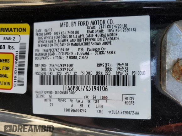 2019 Ford Mustang GT with VIN 1FA6P8CF7K5194106, listed as a Copart auction lot 52492345 with 40,719 mi miles and Salvage title. Bid and sale history available at DreamBid. Image 14.