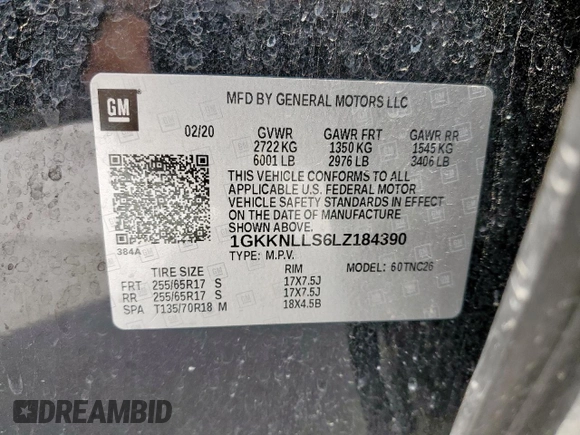 2020 GMC Acadia AT4 with VIN 1GKKNLLS6LZ184390, listed as a Copart auction lot 58044495 with Not provided miles and Salvage title. Bid and sale history available at DreamBid. Image 14.