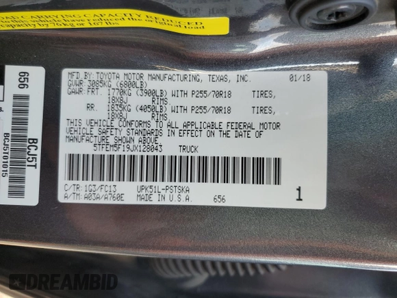 2018 Toyota Tundra 2WD SR5 with VIN 5TFEM5F19JX128043, listed as a Copart auction lot 44219785 with 82,832 mi miles and Salvage Title. Bid and sale history available at carsss.com. Image 13.