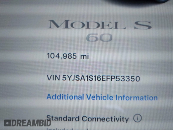 2014 Tesla Model S 60 with VIN 5YJSA1S16EFP53350, listed as a IAAI auction lot 42239753 with 104,985 mi miles and . Bid and sale history available at DreamBid. Image 15.
