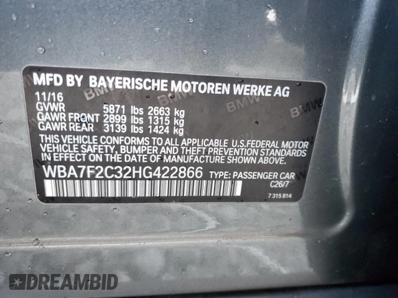 2017 BMW 7 Series with VIN WBA7F2C32HG422866, listed as a Copart auction lot 76177184 with 146,565 mi miles and Salvage Title. Bid and sale history available at DreamBid. Image 12.