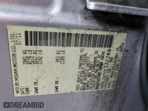 2012 Nissan Altima 2.5 S with VIN 1N4AL2AP7CC127288, listed as a Copart auction lot 50160455 with 197,212 mi miles and Salvage Title. Bid and sale history available at carsss.com. Image 12.