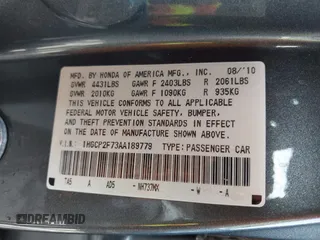 2010 Honda Accord EX z VIN 1HGCP2F73AA189779, wystawiony jako IAAI lot #42027758 z przebiegiem 121 933 mil mil oraz . Historia ofert i sprzedaży dostępna na DreamBid. Obrazek 9.