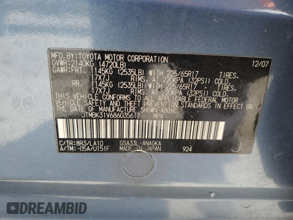 2008 Toyota RAV4 Limited с VIN JTMBK31V686035617, выставлен на аукционе Copart как лот 59605415 с пробегом 211 188 миль миль и Списание • Salvage title. История ставок и продаж доступна на DreamBid. Изображение 13.