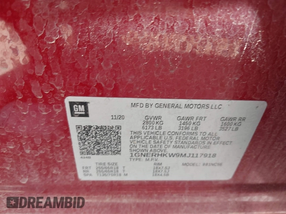 2021 Chevrolet Traverse LT with VIN 1GNERHKW9MJ117918, listed as a IAAI auction lot 42470808 with 77,535 mi miles and . Bid and sale history available at DreamBid. Image 9.