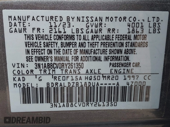 2024 Nissan Sentra SV with VIN 3N1AB8CV0RY261350, listed as a IAAI auction lot 42346567 with 21,993 mi miles and . Bid and sale history available at DreamBid. Image 9.