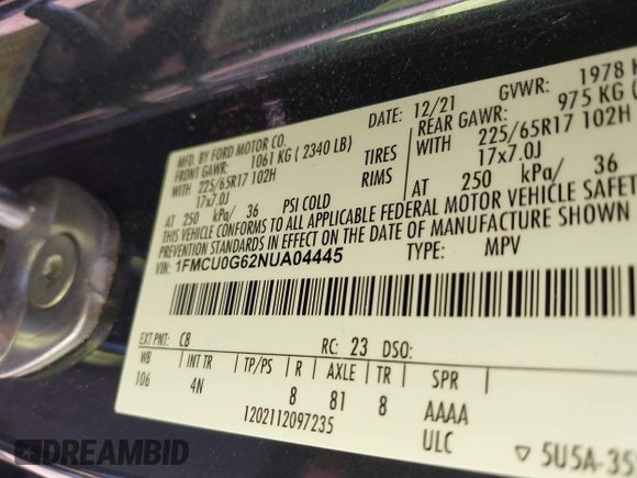 2022 Ford Escape SE with VIN 1FMCU0G62NUA04445, listed as a IAAI auction lot 42010517 with 44,855 mi miles and . Bid and sale history available at DreamBid. Image 9.