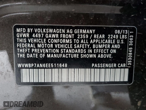 2014 Volkswagen CC R-Line with VIN WVWBP7AN6EE511648, listed as a Copart auction lot 88930185 with 51,001 mi miles and Salvage Title. Bid and sale history available at carsss.com. Image 12.