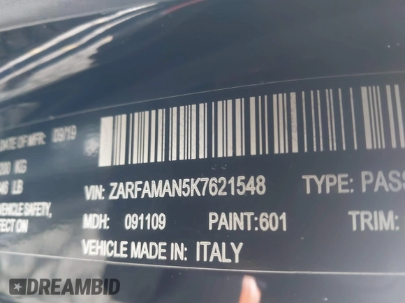 2019 Alfa Romeo Giulia z VIN ZARFAMAN5K7621548, wystawiony jako IAAI lot #41744662 z przebiegiem 63 759 mil mil oraz . Historia ofert i sprzedaży dostępna na DreamBid. Obrazek 9.