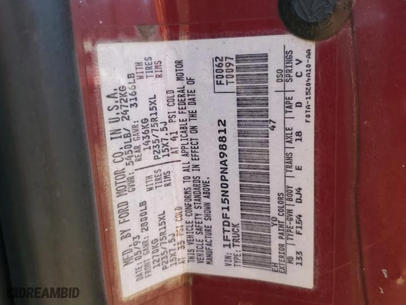 1993 Ford 1/2 Ton Trucks with VIN 1FTDF15N0PNA98812, listed as a Copart auction lot 48170045 with 0 mi miles and Salvage Title. Bid and sale history available at carsss.com. Image 12.