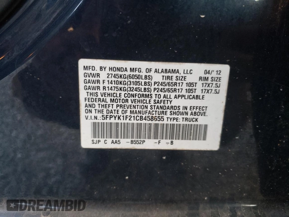 2012 Honda Ridgeline RT with VIN 5FPYK1F21CB458655, listed as a Copart auction lot 73167424 with 134,725 mi miles and Salvage title. Bid and sale history available at DreamBid. Image 13.