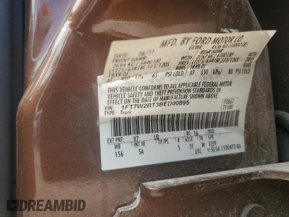 2011 Ford F-250 XL with VIN 1FT7W2BT3BED00895, listed as a Copart auction lot 57273424 with 180,181 mi miles and Salvage title. Bid and sale history available at DreamBid. Image 12.