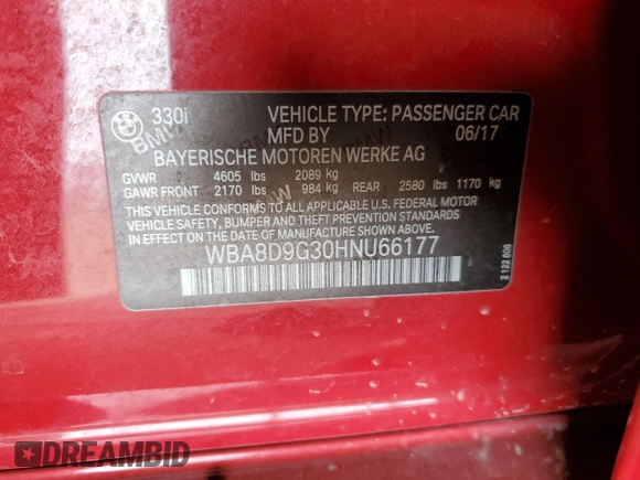 2017 BMW 3 Series 330i xDrive with VIN WBA8D9G30HNU66177, listed as a Copart auction lot 51348265 with 90,262 mi miles and Salvage title. Bid and sale history available at DreamBid. Image 14.
