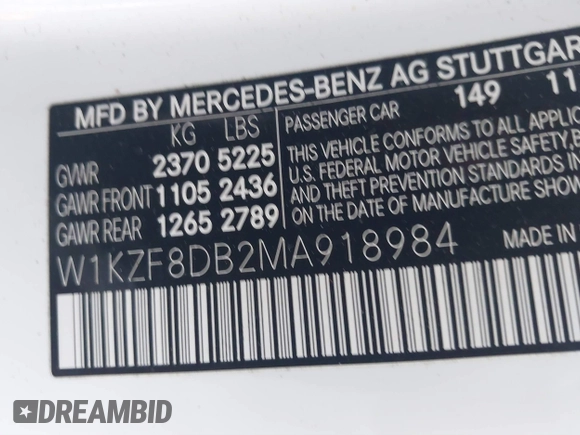 2021 Mercedes-Benz E 350 with VIN W1KZF8DB2MA918984, listed as a IAAI auction lot 41755143 with 69,668 mi miles and . Bid and sale history available at DreamBid. Image 9.
