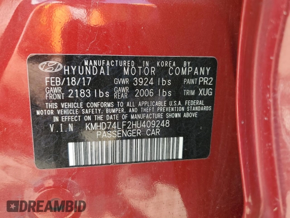 2017 Hyundai Elantra SE z VIN KMHD74LF2HU409248, wystawiony jako Copart lot #56102835 z przebiegiem 103 848 mil mil oraz Szkoda całkowita • Salvage title. Historia ofert i sprzedaży dostępna na DreamBid. Obrazek 12.